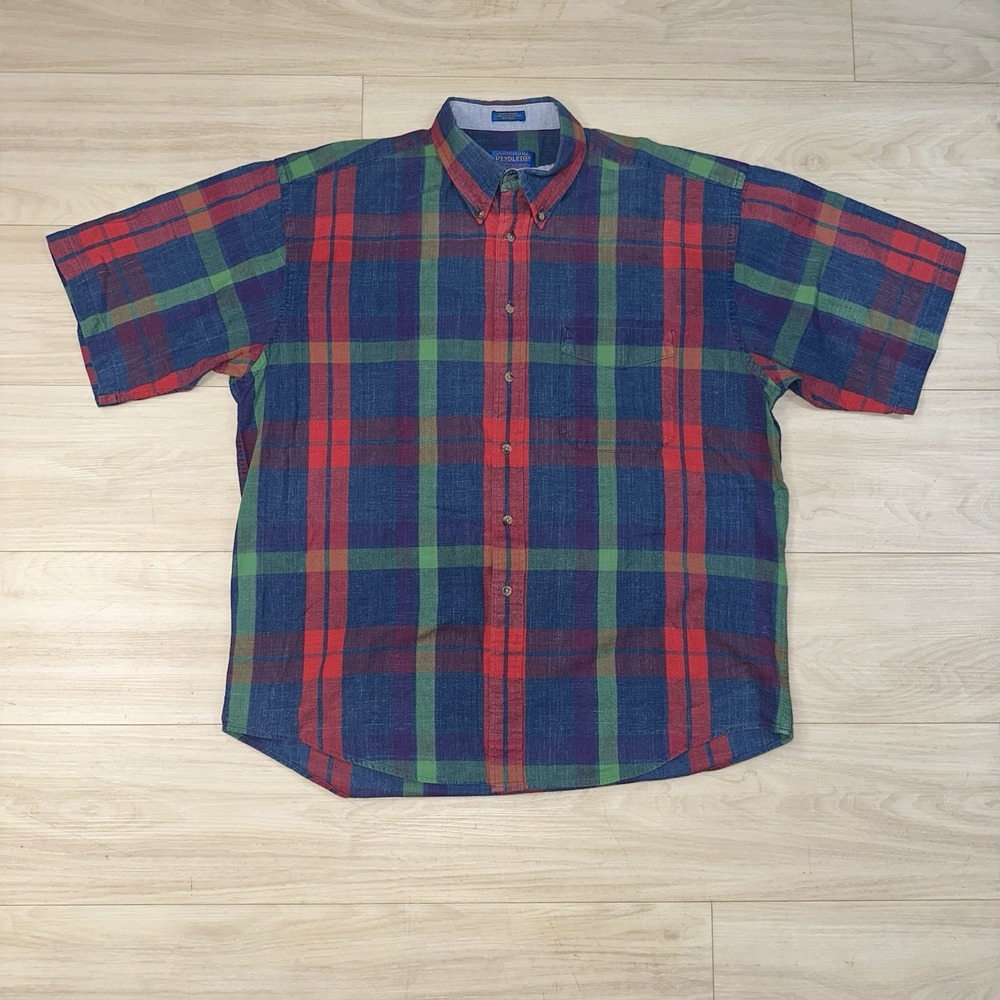 Pendleton Button-Up Short Sleeve Shirt Men Size L Plaid Green Blue Preppy Cotton